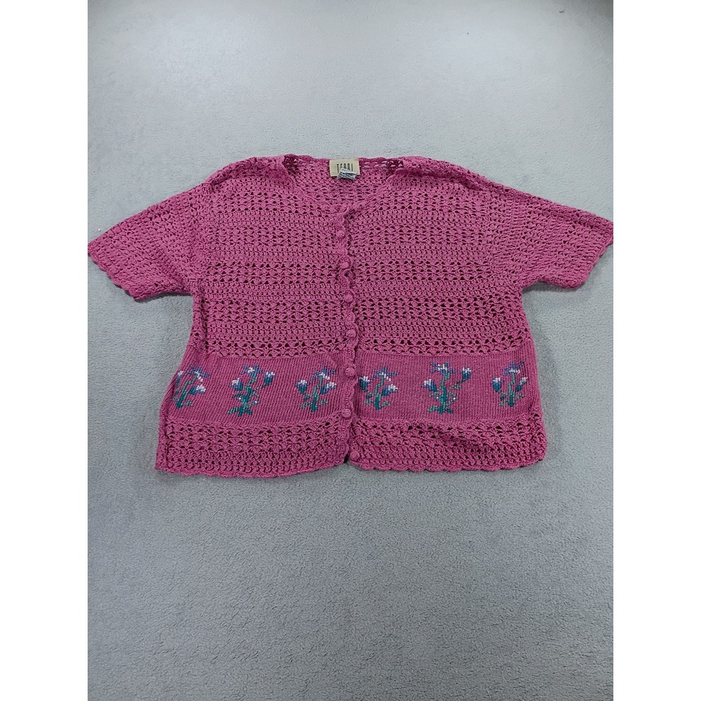 Teddi Womens Cardigan XL Pink Crochet Short Sleeve Floral Embroidered